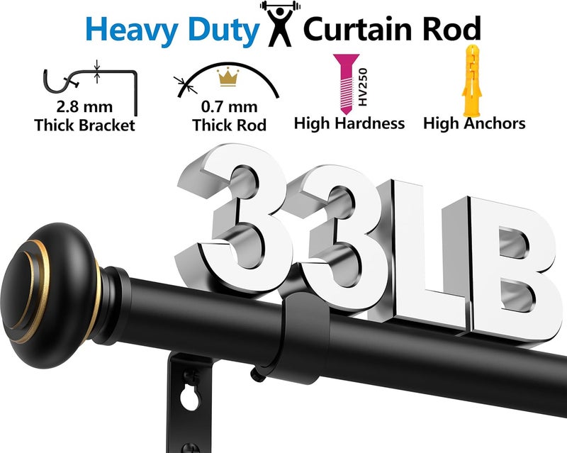 BloomFlower 2 Pack Curtain Rods 18-152 inch, for Window 144 Inch, Adjustable Length Heavy Duty Diameter 7/8 inch, Modern Finials, Black - Image 4